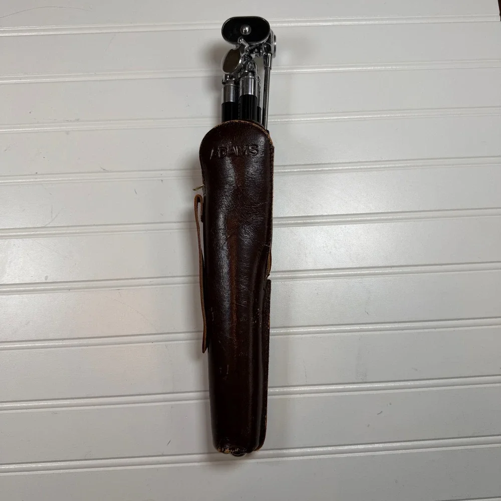Vintage 1950s Adams Table Top‎ Tripod with Original Leather Case Chrome Black